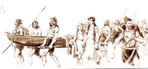 Prehistoric Lakedwellers with a boat